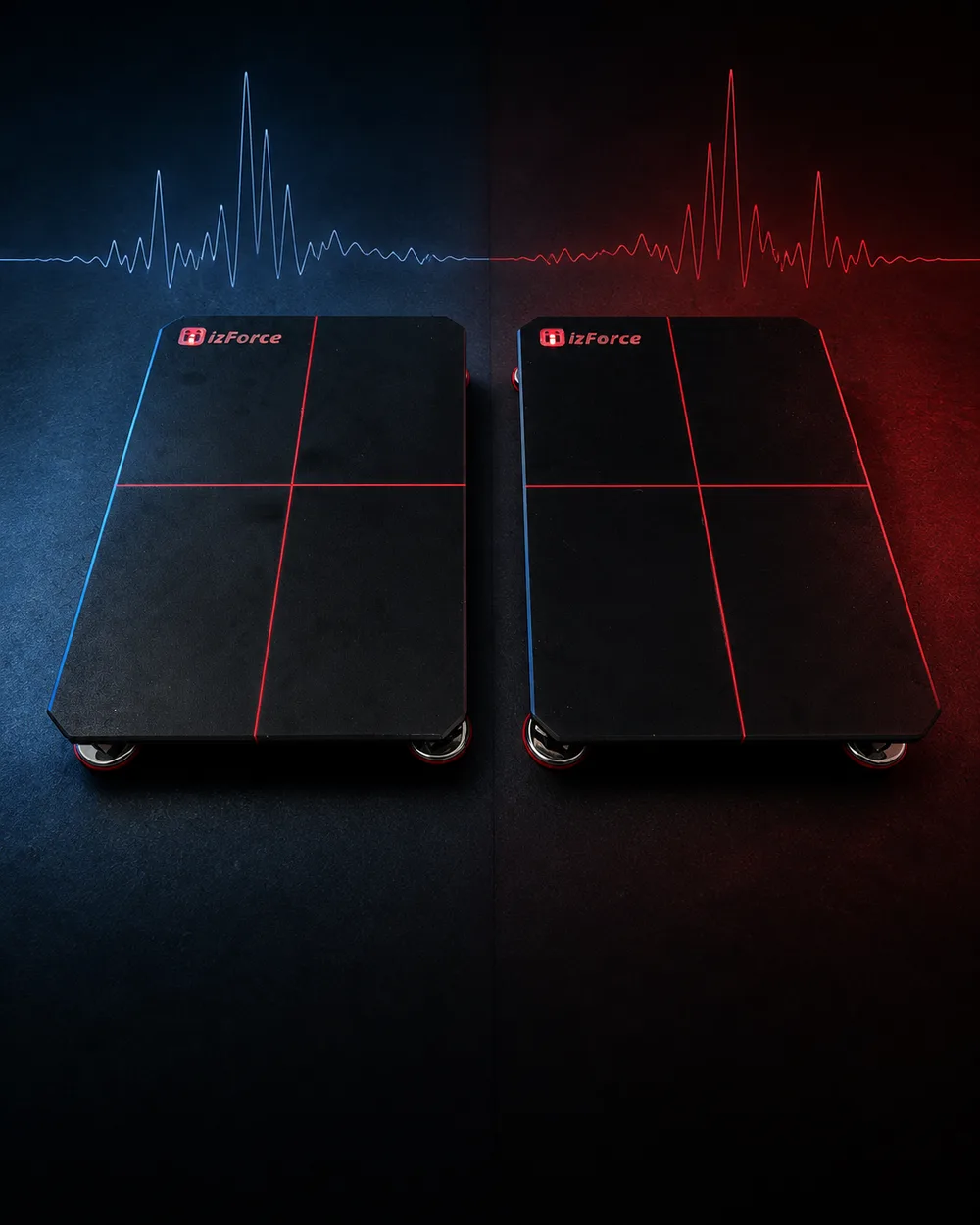 Sol platform mavi, sağ platform kırmızı kuvvet-zaman eğrisiyle işaretlenmiş bilateral asimetri görseli